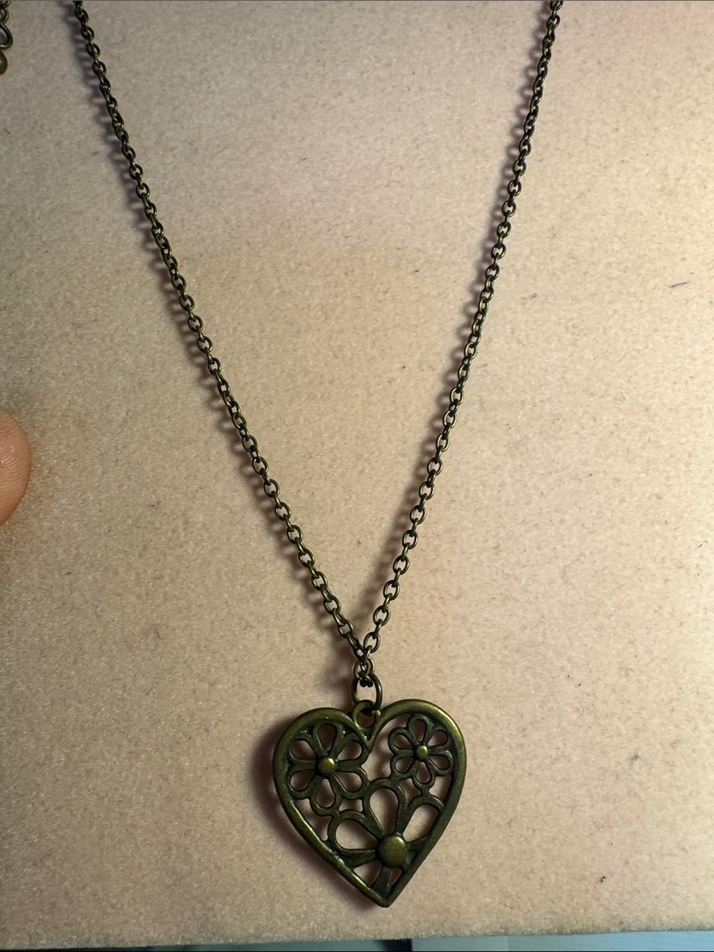 Floral Heart Pendant Necklace in Antique Brass Tone  13 1/2”